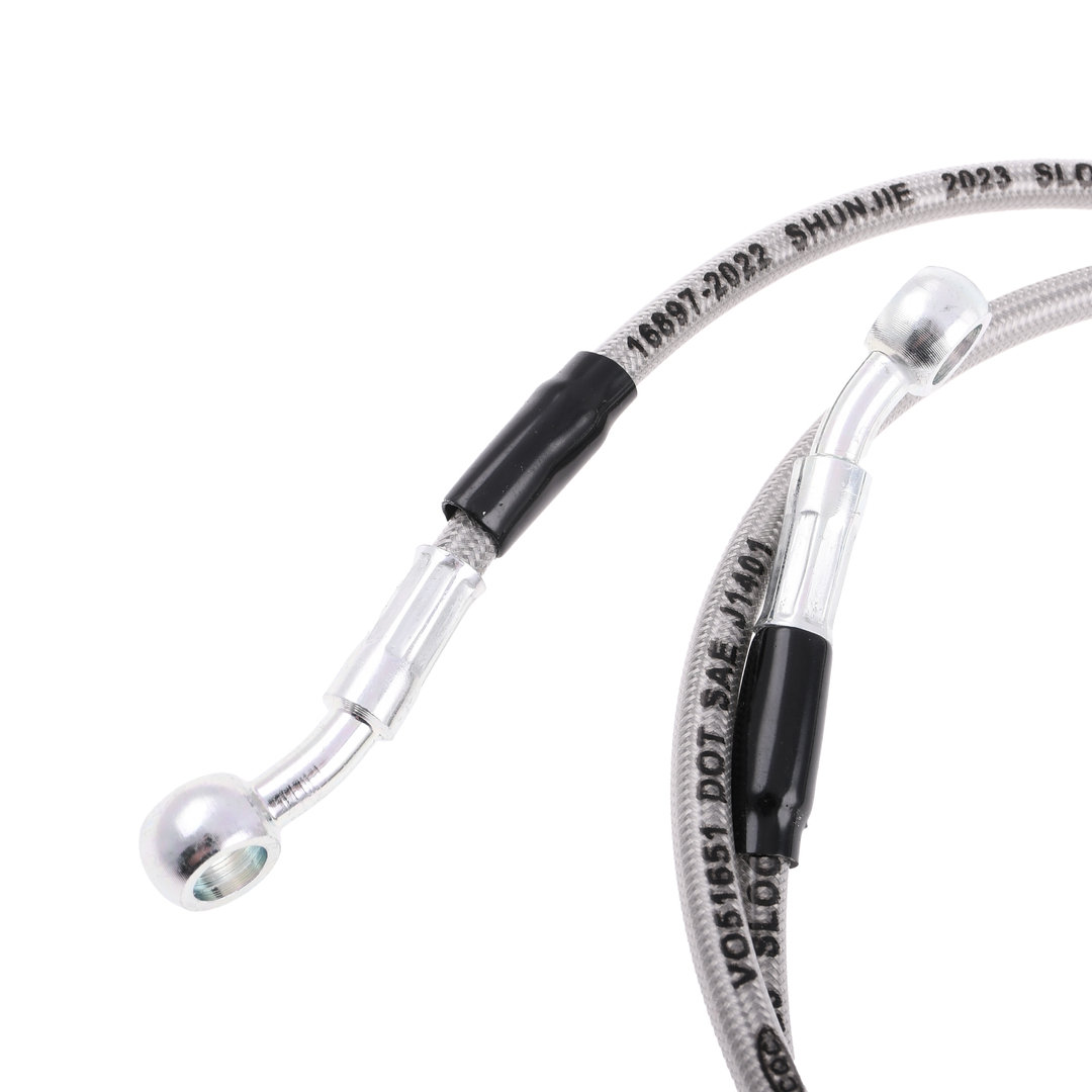 Przewód hamulcowy w stalowym oplocie srebrny 120cm zakute końcówki