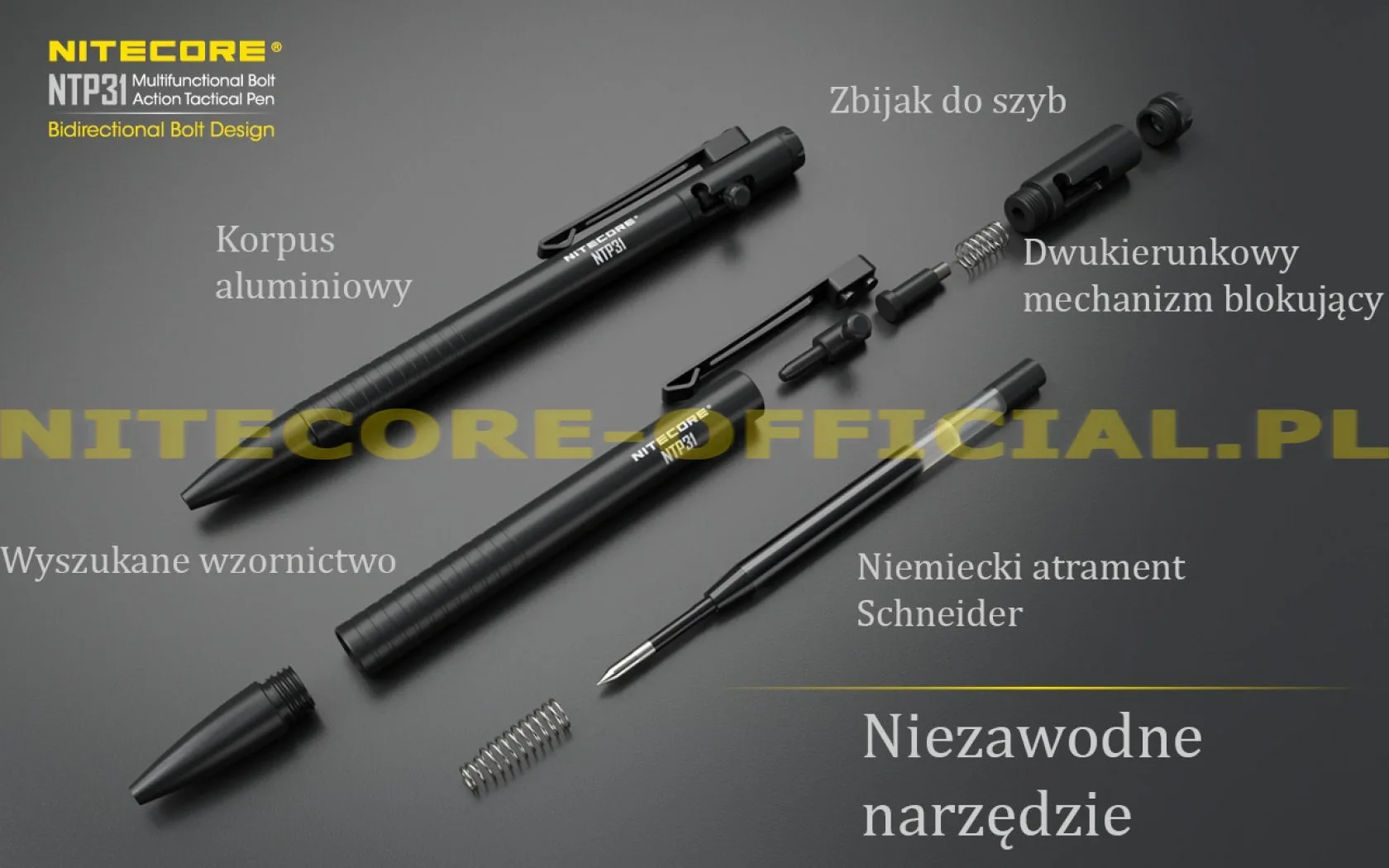 Długopis taktyczny Nitecore końcówka wolframowa rozbijanie szkła samoobrona