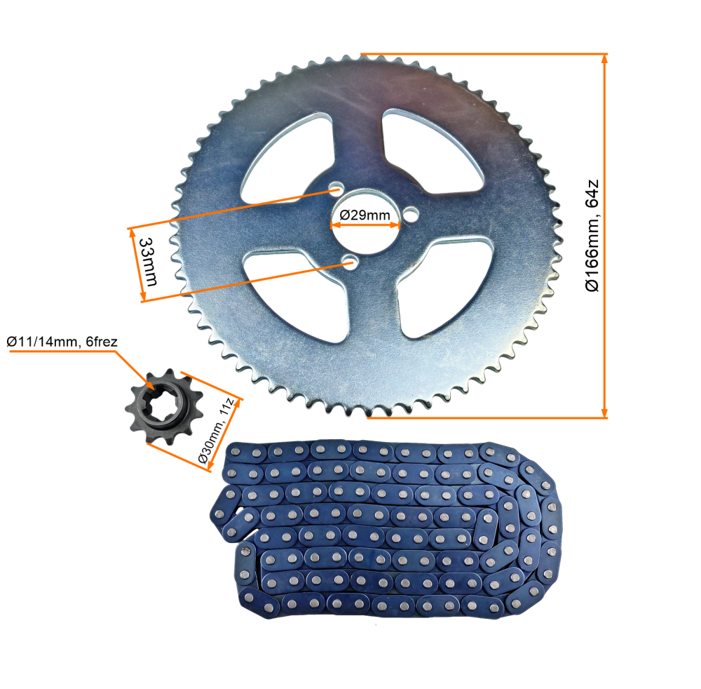 Zestaw napędowy T8F-118L 29mm zębatka 11z + 64z pocket bike cross pitbike