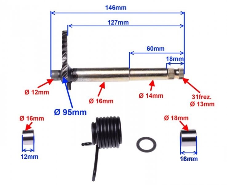 Wałek rozrusznika nożnego GY6 125cc 146mm