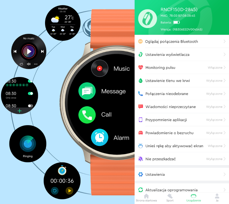 Smartwatch zegarek Rubicon męski damski RNCF15 pomarańczowy Bluetooth 2023