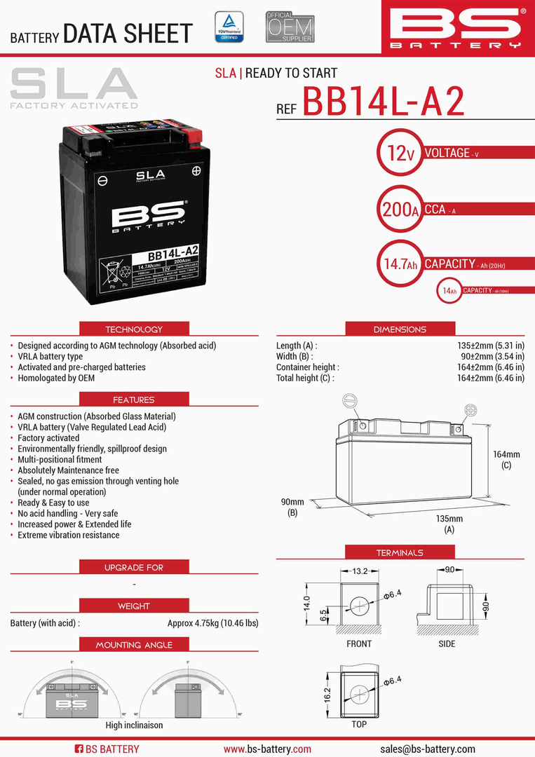 BS akumulator BB14L-A2 (YB14L-A2,YB14L-B2) 12V 14Ah Aprilia Ducati Honda