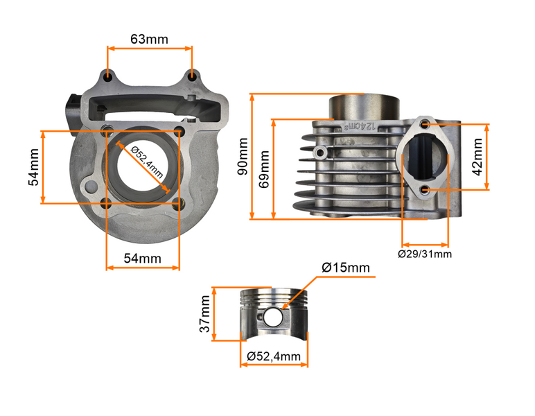 Cylinder 52,4mm 4T GY6 125cc 152QMI Barton Kingway Peugeot Router Zipp
