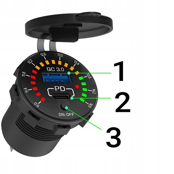 Motocyklowa ładowarka QC3.0 USB 18W, USB-C 30W 12/24V