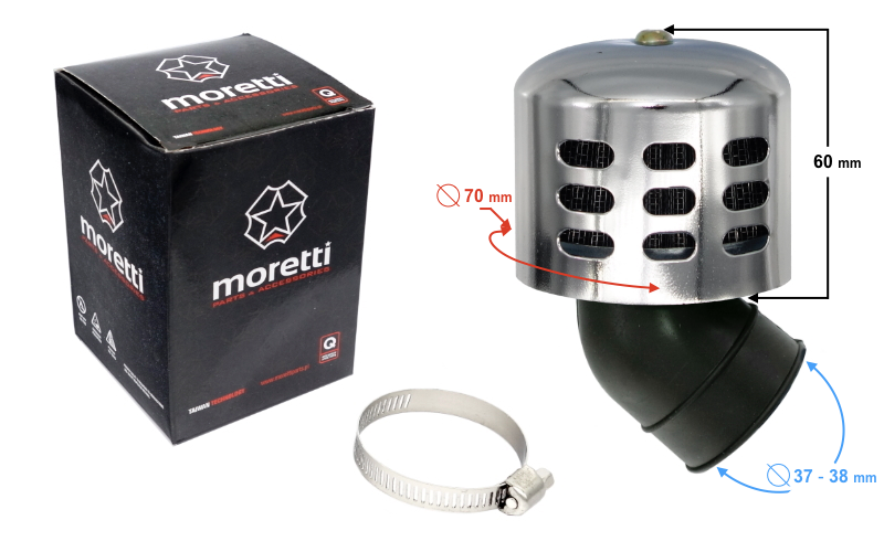 Filtr powietrza stożkowy srebrny, średnica 38 mm