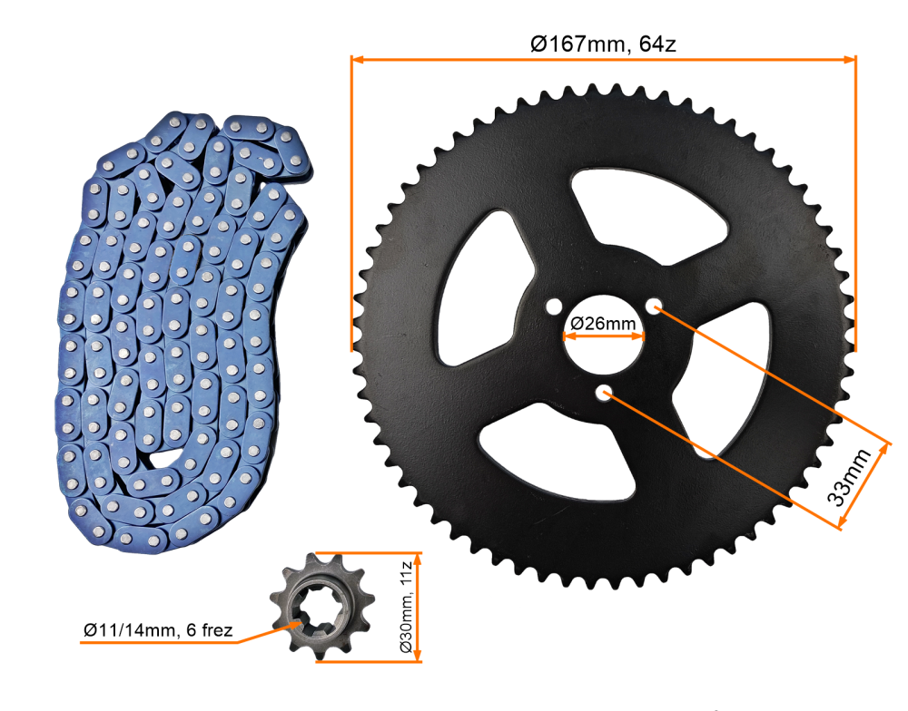Zestaw napędowy T8F-120 ogniw zębatka 11z + 64z pocket bike cross pitbike