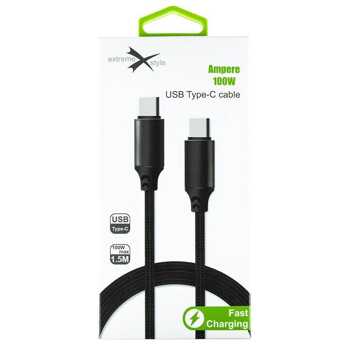 Wzmocniony kabel Ampere USB typ-C - USB typ-C 100W eXtremestyle 1.5m czarny