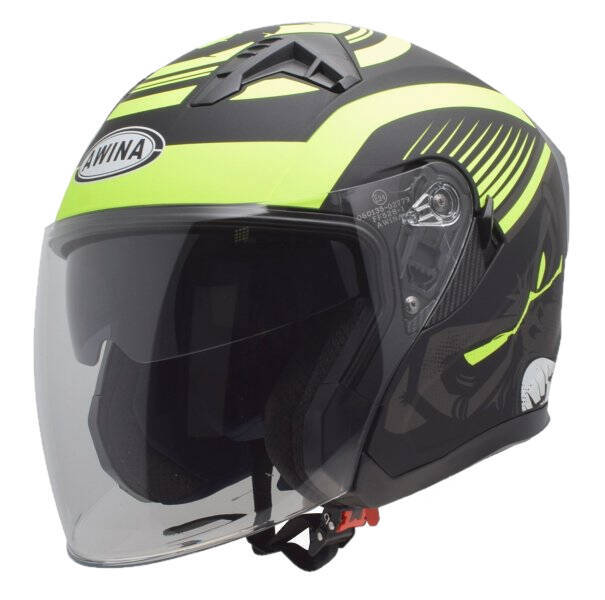 Kask otwarty Awina typ JK528 czarny żółty z blendą homologacja ECE 22R06